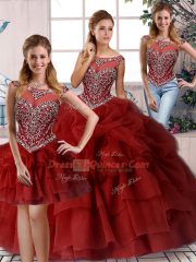 Wine Red Three Pieces Organza Scoop Sleeveless Beading and Pick Ups Zipper Quinceanera Gown Brush Train