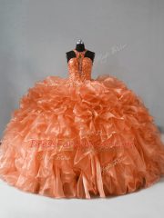 Halter Top Sleeveless Organza 15 Quinceanera Dress Beading and Ruffles Brush Train Zipper