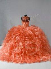 Halter Top Sleeveless Organza 15 Quinceanera Dress Beading and Ruffles Brush Train Zipper