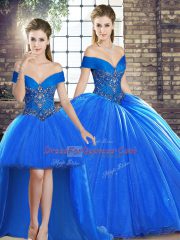 Gorgeous Royal Blue Sleeveless Organza Brush Train Lace Up Vestidos de Quinceanera for Military Ball and Sweet 16 and Quinceanera