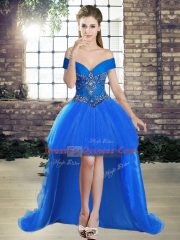 Gorgeous Royal Blue Sleeveless Organza Brush Train Lace Up Vestidos de Quinceanera for Military Ball and Sweet 16 and Quinceanera