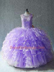Lavender Organza Lace Up Vestidos de Quinceanera Sleeveless Floor Length Beading and Ruffles