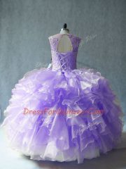 Lavender Organza Lace Up Vestidos de Quinceanera Sleeveless Floor Length Beading and Ruffles