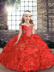Inexpensive Sleeveless Organza and Fabric With Rolling Flowers Floor Length Lace Up Pageant Dress for Teens in Red with Beading