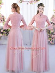 Floor Length Pink Quinceanera Court Dresses High-neck 3 4 Length Sleeve Zipper