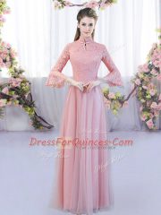 Floor Length Pink Quinceanera Court Dresses High-neck 3 4 Length Sleeve Zipper