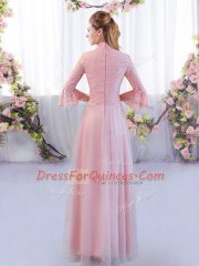 Floor Length Pink Quinceanera Court Dresses High-neck 3 4 Length Sleeve Zipper
