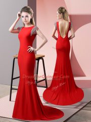 Sweet Red Mermaid Elastic Woven Satin High-neck Short Sleeves Beading Backless Brush Train