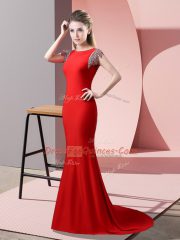 Sweet Red Mermaid Elastic Woven Satin High-neck Short Sleeves Beading Backless Brush Train