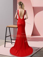 Sweet Red Mermaid Elastic Woven Satin High-neck Short Sleeves Beading Backless Brush Train