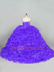 Vintage Sweetheart Sleeveless Quinceanera Gown Court Train Beading Purple Fabric With Rolling Flowers
