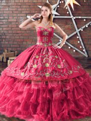 Red Sleeveless Floor Length Embroidery and Ruffled Layers Lace Up Sweet 16 Quinceanera Dress