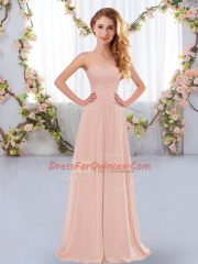 Cheap Pink Sleeveless Floor Length Ruching Lace Up Quinceanera Dama Dress