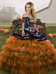Sleeveless Floor Length Embroidery and Ruffled Layers Lace Up 15 Quinceanera Dress with Rust Red