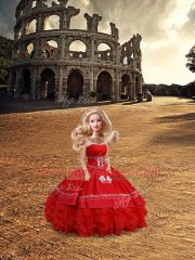 Red Satin Lace Up Quinceanera Gowns Sleeveless Floor Length Embroidery and Ruffles