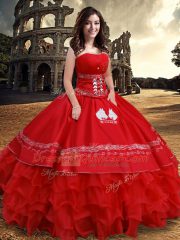 Red Satin Lace Up Quinceanera Gowns Sleeveless Floor Length Embroidery and Ruffles