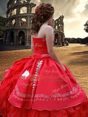 Red Satin Lace Up Quinceanera Gowns Sleeveless Floor Length Embroidery and Ruffles