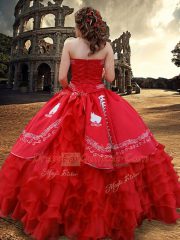 Red Satin Lace Up Quinceanera Gowns Sleeveless Floor Length Embroidery and Ruffles