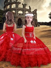 Red Satin Lace Up Quinceanera Gowns Sleeveless Floor Length Embroidery and Ruffles