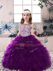 Purple Organza Lace Up Scoop Sleeveless Floor Length Little Girls Pageant Gowns Beading and Ruffles