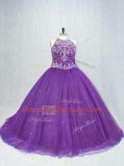 Purple Ball Gowns Beading Sweet 16 Dress Lace Up Tulle Sleeveless