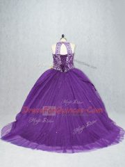 Purple Ball Gowns Beading Sweet 16 Dress Lace Up Tulle Sleeveless