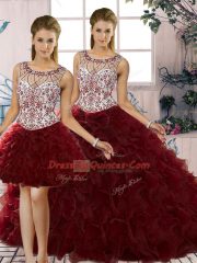 Luxurious Burgundy Sleeveless Floor Length Beading and Ruffles Lace Up Sweet 16 Quinceanera Dress