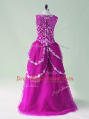 Spectacular Tulle Scoop Sleeveless Zipper Beading and Appliques Prom Dresses in Fuchsia