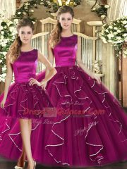 Floor Length Fuchsia Quinceanera Gowns Tulle Sleeveless Ruffles