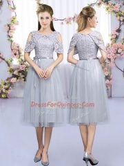 Grey Empire Tulle Scoop Sleeveless Lace and Belt Tea Length Zipper Dama Dress for Quinceanera