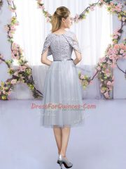 Grey Empire Tulle Scoop Sleeveless Lace and Belt Tea Length Zipper Dama Dress for Quinceanera