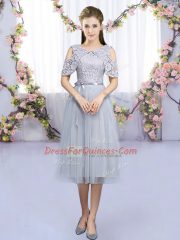 Grey Empire Tulle Scoop Sleeveless Lace and Belt Tea Length Zipper Dama Dress for Quinceanera