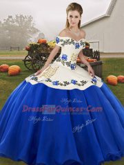 Sleeveless Floor Length Embroidery and Ruffles Lace Up Sweet 16 Dresses with Blue And White