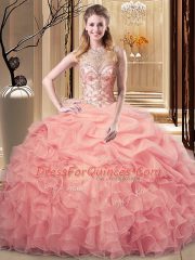 Sleeveless Organza Floor Length Lace Up Sweet 16 Dress in Peach with Beading and Ruffles and Pick Ups