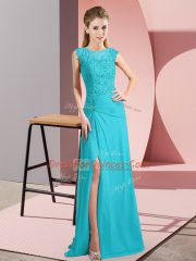 Stunning Aqua Blue Column/Sheath Chiffon Scoop Sleeveless Beading Floor Length Zipper Womens Party Dresses