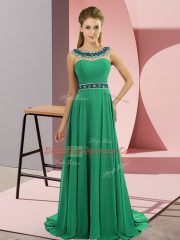 Elegant Green Prom Gown Scoop Sleeveless Brush Train Zipper
