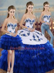 Vintage Organza Sweetheart Sleeveless Lace Up Embroidery and Ruffled Layers and Bowknot Ball Gown Prom Dress in Royal Blue