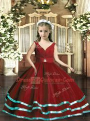 Wine Red Organza Backless V-neck Sleeveless Floor Length Girls Pageant Dresses Beading and Ruching