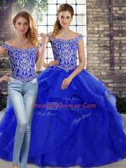 Off The Shoulder Sleeveless Tulle Quinceanera Dresses Beading and Ruffles Brush Train Lace Up