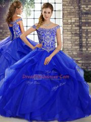Off The Shoulder Sleeveless Tulle Quinceanera Dresses Beading and Ruffles Brush Train Lace Up