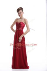 Floor Length Lace Up Prom Party Dress Wine Red for Prom and Party and Military Ball with Beading