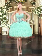 Apple Green Organza Lace Up Sweetheart Sleeveless Mini Length Dress for Prom Beading and Ruffles