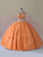 Custom Design Orange Tulle Backless Halter Top Sleeveless Floor Length Quinceanera Dresses Beading