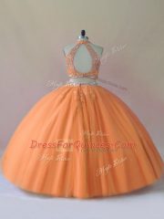 Custom Design Orange Tulle Backless Halter Top Sleeveless Floor Length Quinceanera Dresses Beading