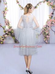 Fashionable Grey Quinceanera Dama Dress Wedding Party with Lace and Belt Scoop Sleeveless Lace Up