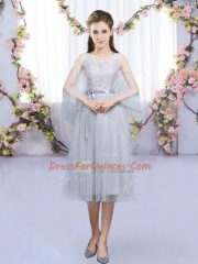 Fashionable Grey Quinceanera Dama Dress Wedding Party with Lace and Belt Scoop Sleeveless Lace Up