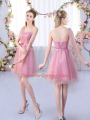 Classical Pink Tulle Lace Up One Shoulder Sleeveless Mini Length Vestidos de Damas Appliques and Belt