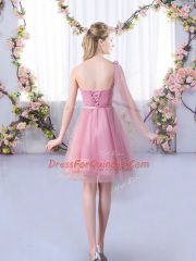 Classical Pink Tulle Lace Up One Shoulder Sleeveless Mini Length Vestidos de Damas Appliques and Belt