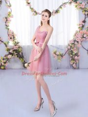 Classical Pink Tulle Lace Up One Shoulder Sleeveless Mini Length Vestidos de Damas Appliques and Belt