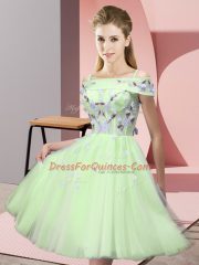 Adorable Yellow Green Empire Off The Shoulder Short Sleeves Tulle Knee Length Lace Up Appliques Quinceanera Court Dresses